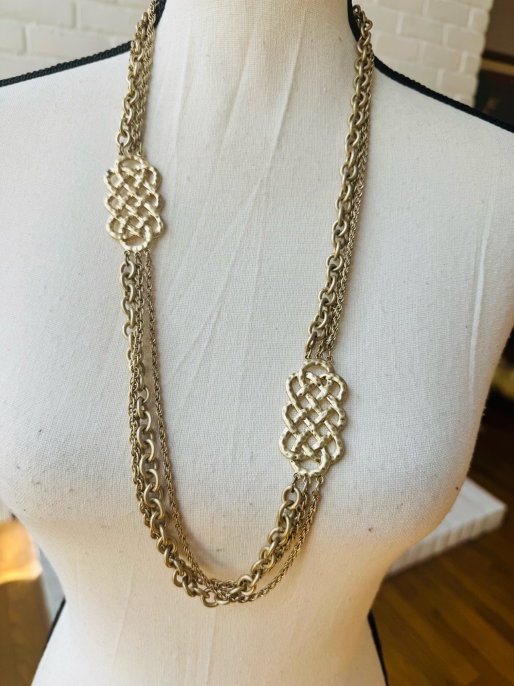 Lia Sophia Gold Tone Matte Finish Long Statement Multi Chain Necklace | stunning